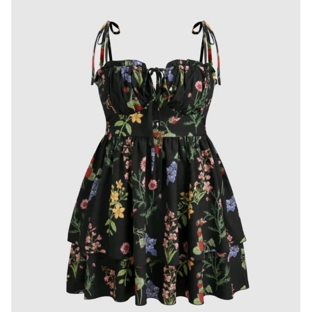 Cottagecore Botanical Floral Corset Mini Dress Tie Strap Cider Plus 1X NWT
